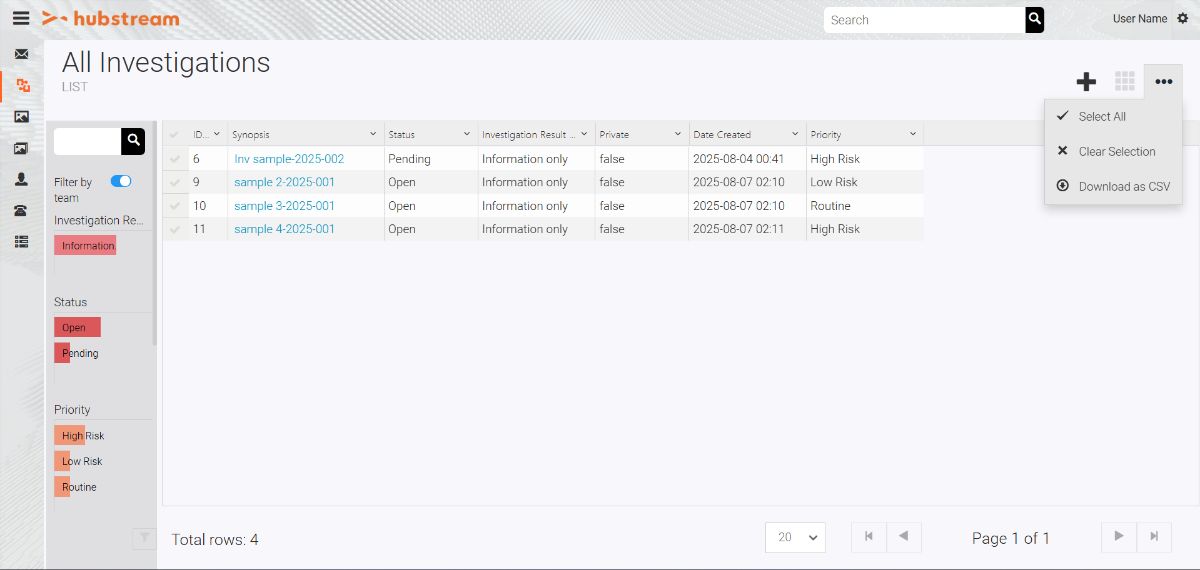 Investigation Listpage Sections